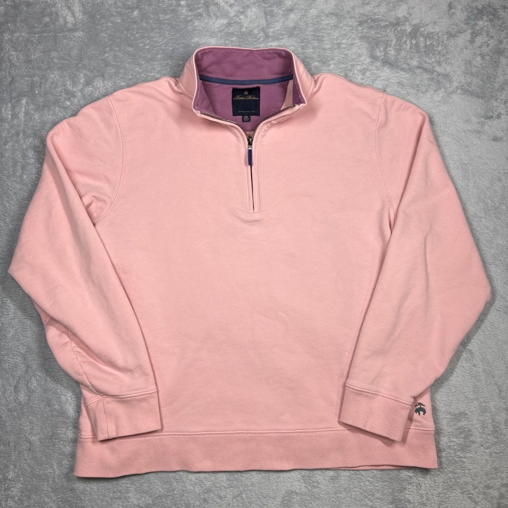 Brooks Brothers Sweatshirt Mens 2XL Pink 1/4 Zip Mock Neck Fleece Pullover FLAW